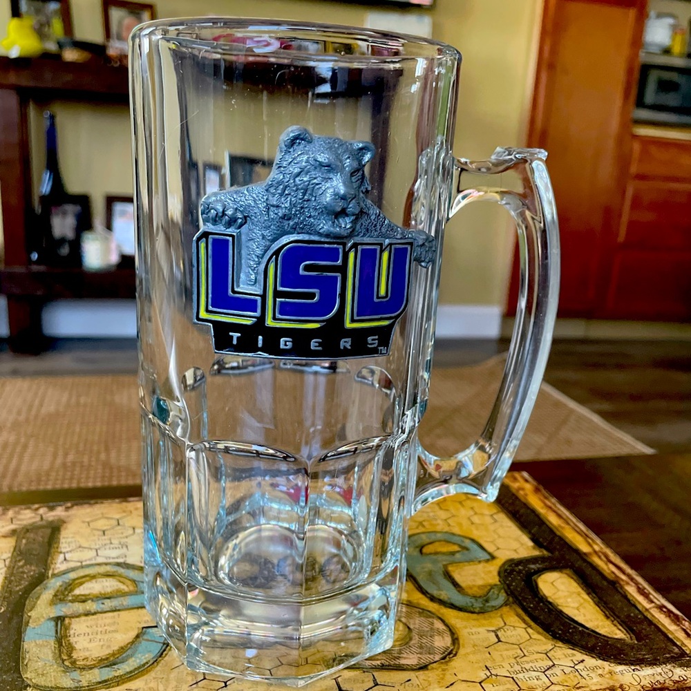 LSU beer Stein, Tiger Beer Mug, Glass and Metal, Heavy Glass Barware “used”
